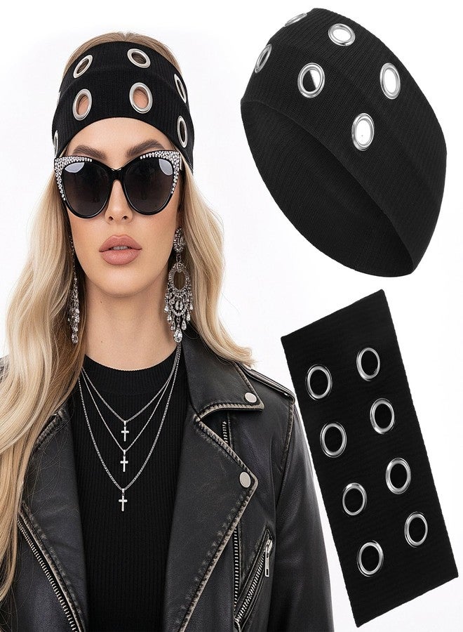 MBAIYO Hollow Eyelet Elastic Headband, Y2k Wide Grommet Headband Studded Headbands Punk Style Rivet Elastic Stretchy Hair Band Grunge Punk Hair Accessories for Women - Image 1